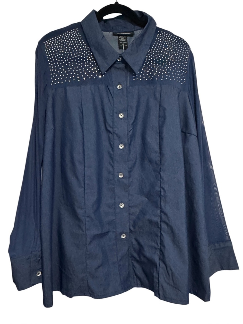 Ashley Stewart Navy Blue Rhinestone Studded Yoke Button Down Shirt Size 20